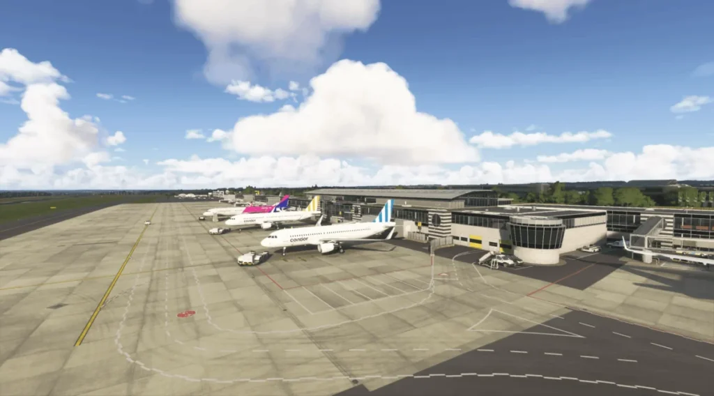 Pátio e aeronaves no cenário Dortmund Airport da Salvuz para MSFS 2024