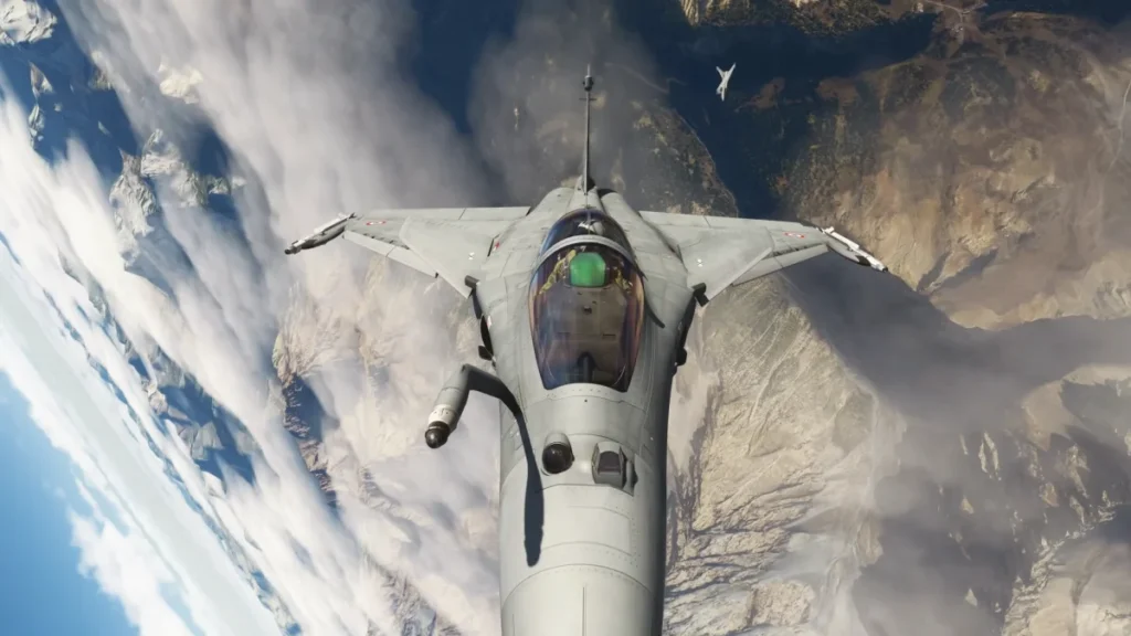 Dassault Rafale da AzurPoly em voo sobre montanhas no MSFS 2024