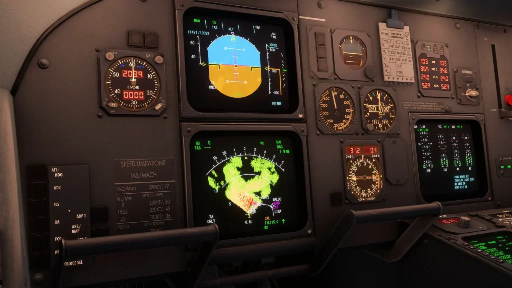 Cockpit do Fokker F70 e F100 com radar meteorológico no MSFS 2024