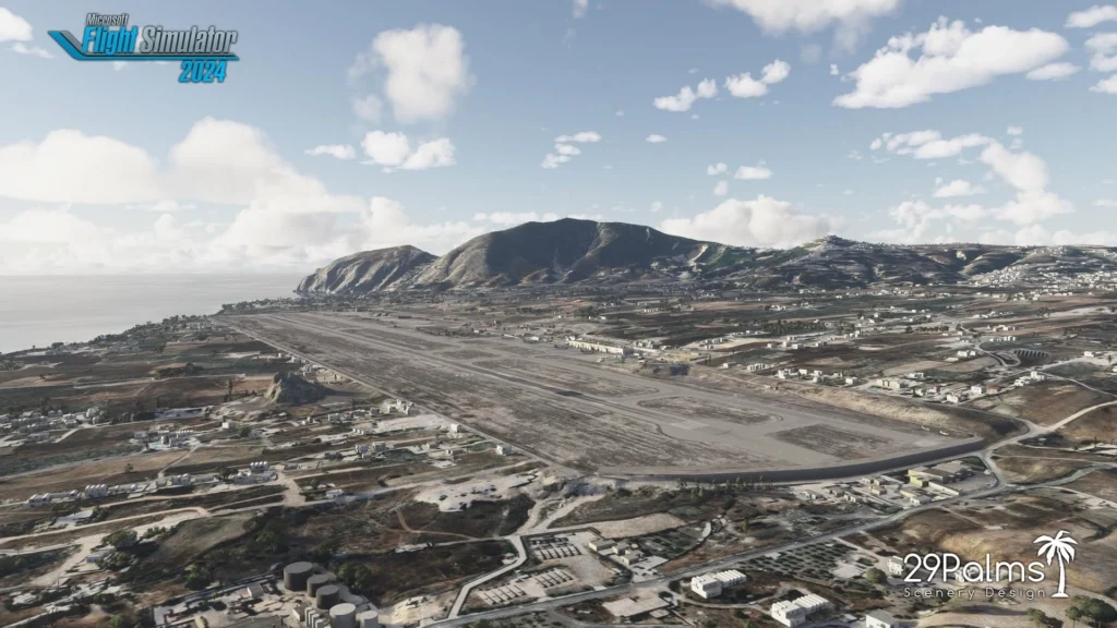 Vista aérea do aeroporto de Santorini no MSFS 2024
