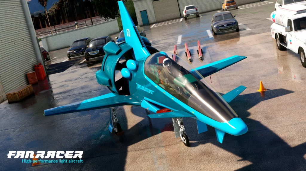 FanRacer azul estacionado no pátio no Microsoft Flight Simulator