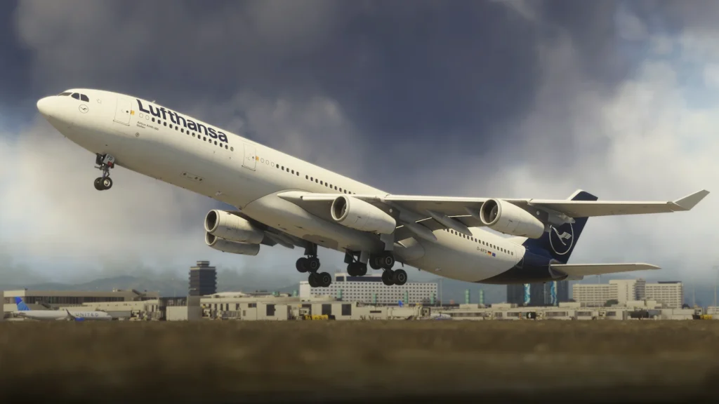 Aerosoft A340-600 Pro em voo no Microsoft Flight Simulator.
