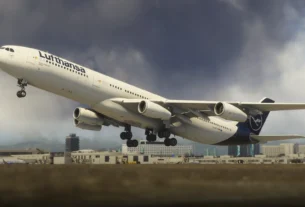 Aerosoft A340-600 Pro em voo no Microsoft Flight Simulator.