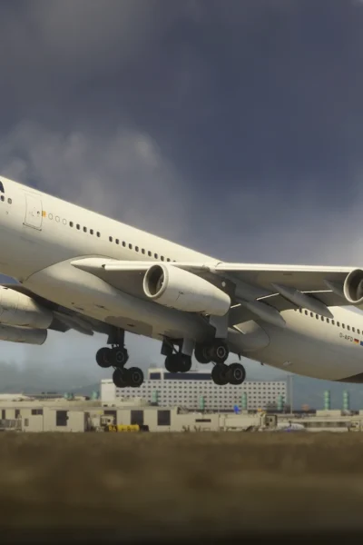 Aerosoft A340-600 Pro em voo no Microsoft Flight Simulator.