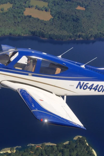 Black Square Commander 114 em voo sobre lago no Microsoft Flight Simulator
