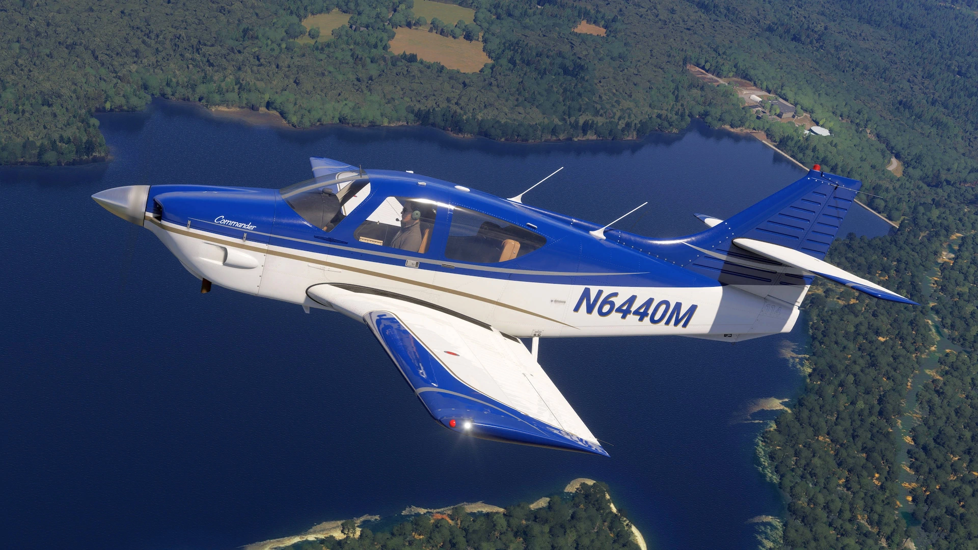 Black Square Commander 114 em voo sobre lago no Microsoft Flight Simulator