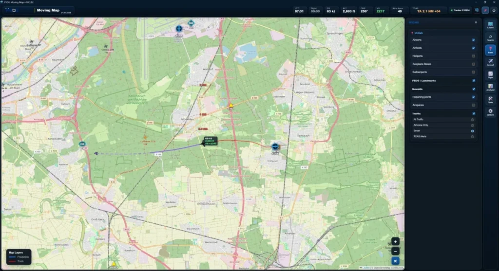 Interface de mapa do FSDG Flight Suite no MSFS