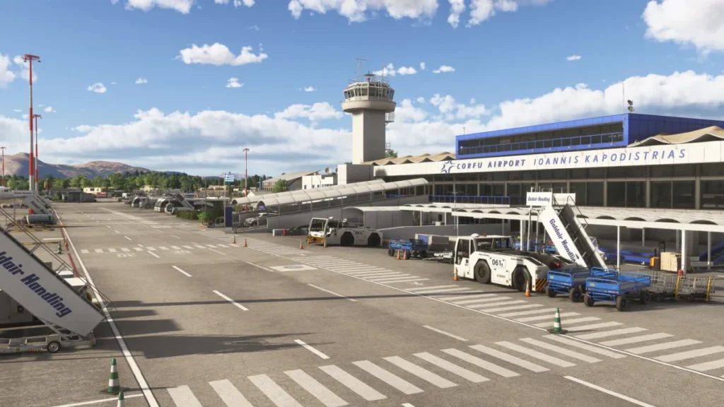 Terminal e área do aeroporto de Corfu LGKR no cenário da Gaya para MSFS 2024