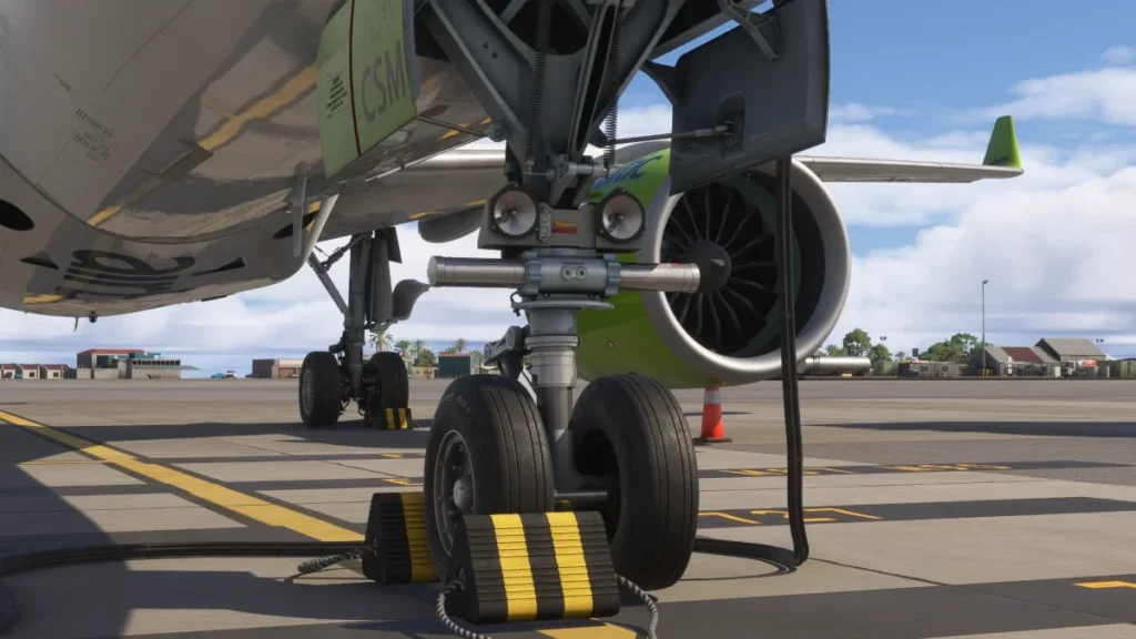 Detalhe do trem de pouso do Synaptic A220 no Microsoft Flight Simulator