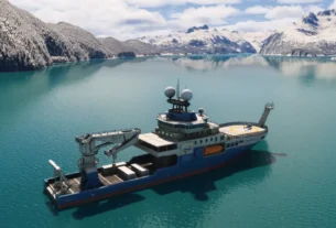 Navio Falkor Too em fiorde glacial no Microsoft Flight Simulator