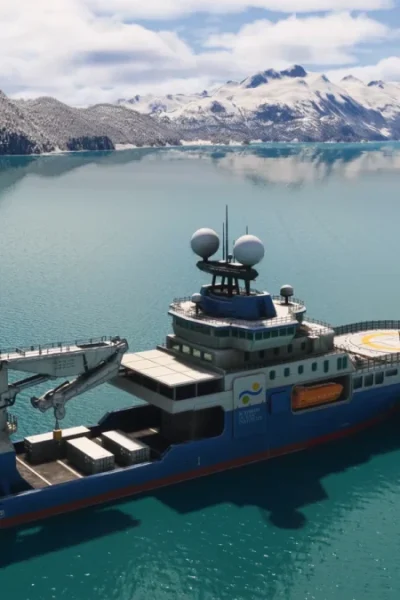 Navio Falkor Too em fiorde glacial no Microsoft Flight Simulator