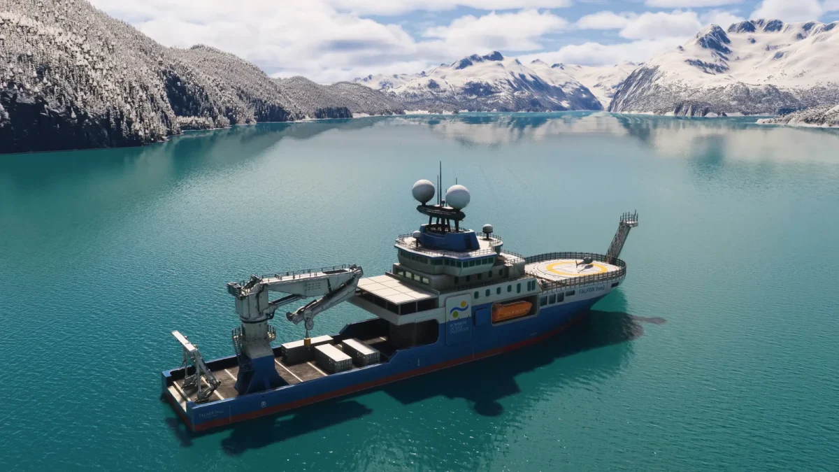 Navio Falkor Too em fiorde glacial no Microsoft Flight Simulator