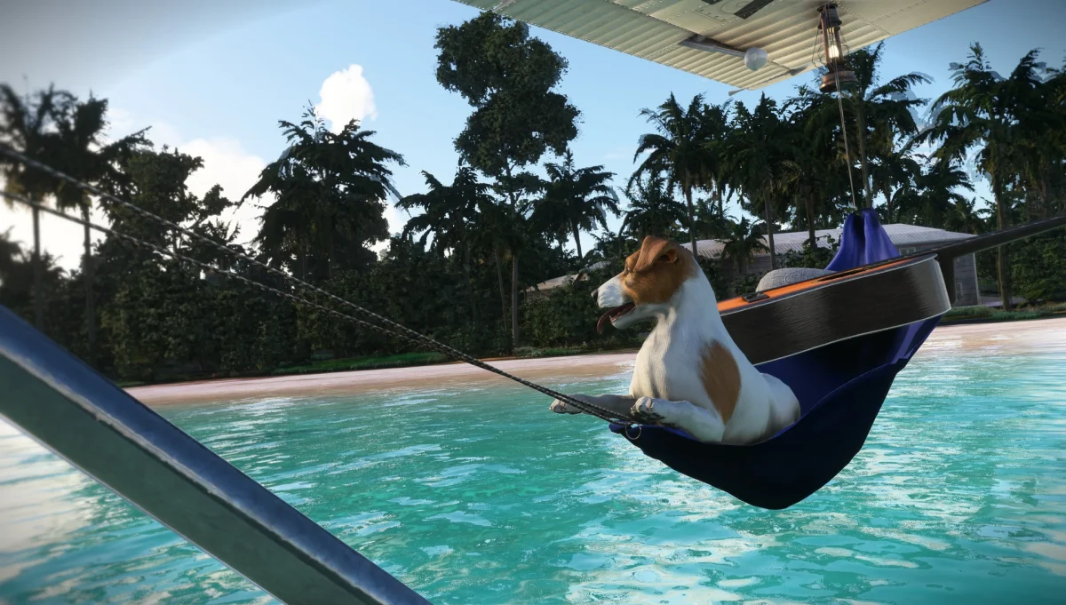 Cão descansando próximo a aeronave no Man’s Best Friend Deluxe