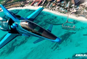 FanRacer sobrevoando o litoral no Microsoft Flight Simulator
