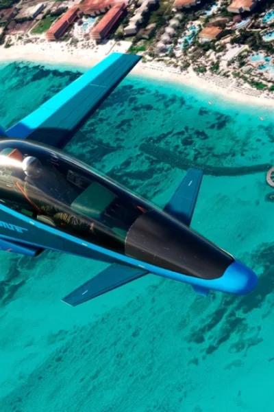FanRacer sobrevoando o litoral no Microsoft Flight Simulator