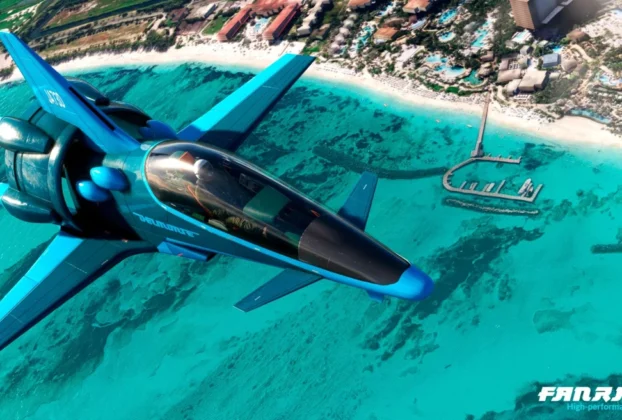 FanRacer sobrevoando o litoral no Microsoft Flight Simulator