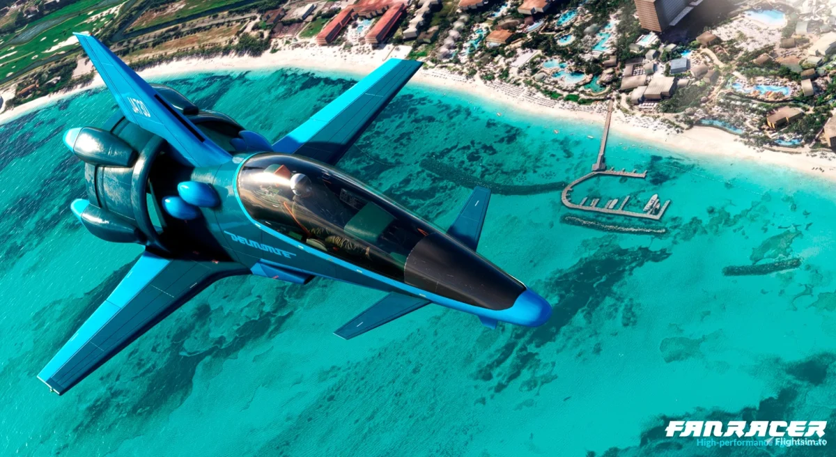 FanRacer sobrevoando o litoral no Microsoft Flight Simulator