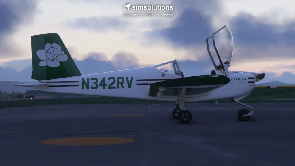 Van’s RV-12iS da SimSolutions estacionado ao entardecer