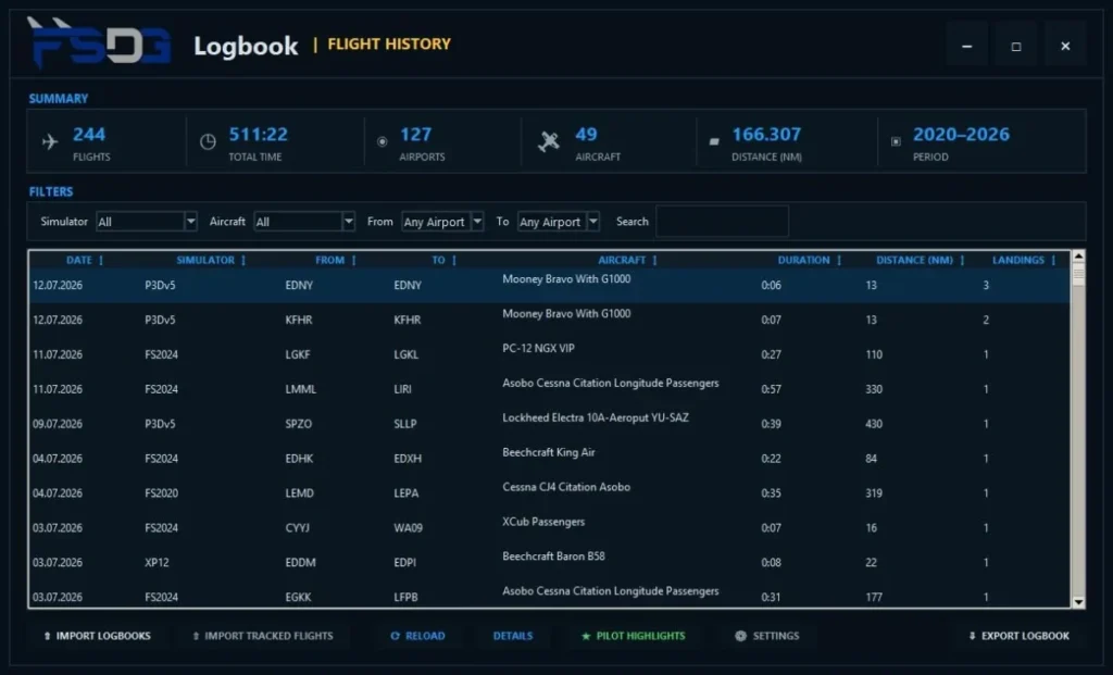 Logbook e painel de voos do FSDG Flight Suite