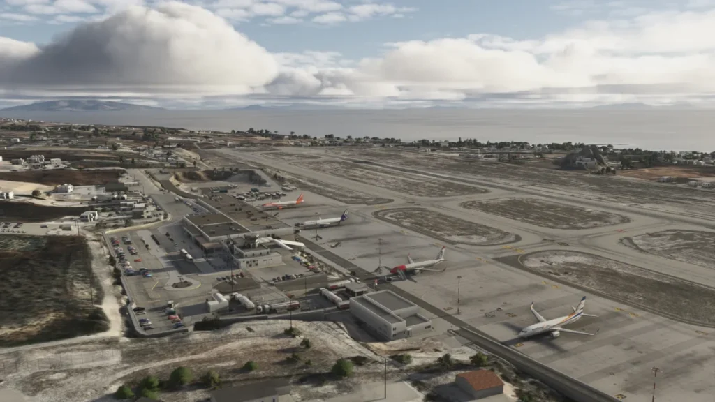 Aeroporto de Santorini e costa da ilha no MSFS 2024