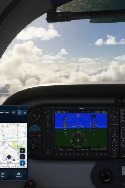 Cockpit no MSFS com interface do FSDG Flight Suite em uso