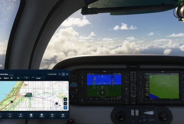 Cockpit no MSFS com interface do FSDG Flight Suite em uso
