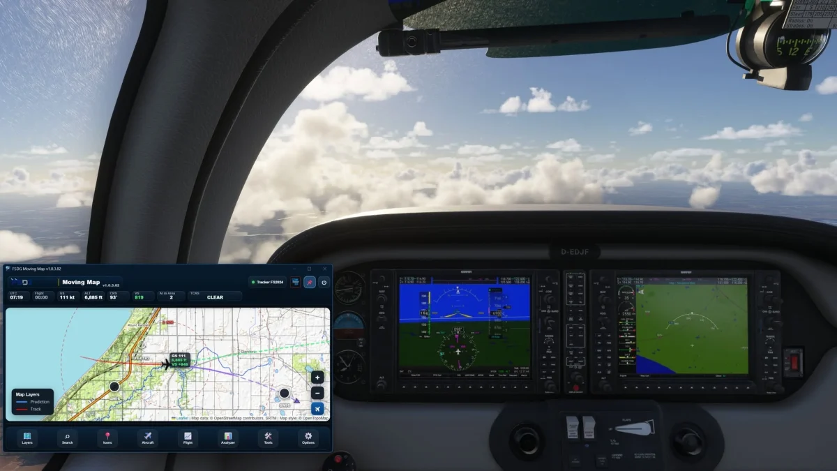 Cockpit no MSFS com interface do FSDG Flight Suite em uso