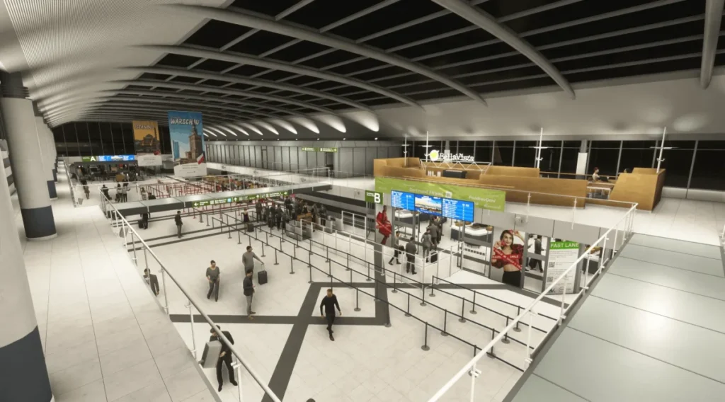 Interior do terminal do Dortmund Airport recriado pela Salvuz no MSFS 2024