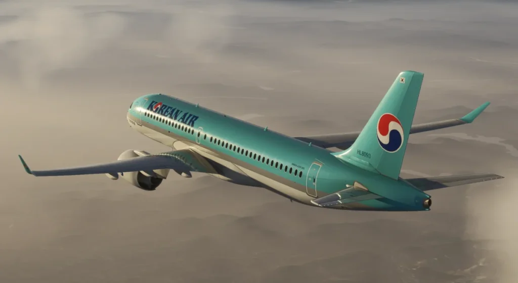Synaptic A220 em pintura Korean Air durante voo no Microsoft Flight Simulator