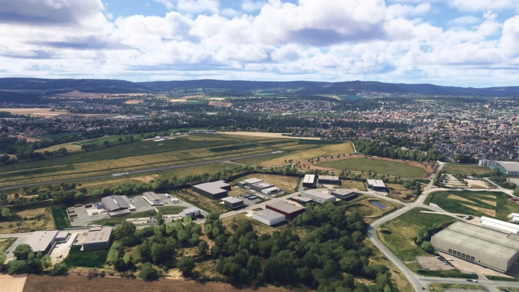 Aproximação VFR no cenário Airfield Detmold da FlightSim Studio
