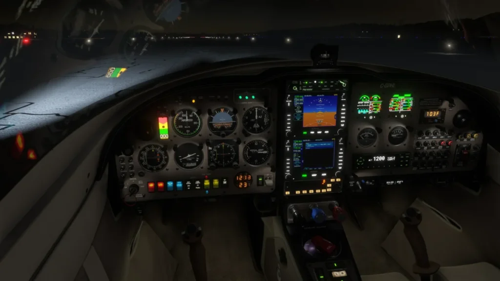 Cockpit noturno do Lancair Legacy com painel analógico no MSFS