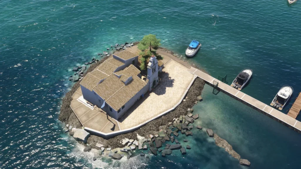 Mosteiro de Vlacherna e litoral de Corfu no cenário Gaya LGKR para MSFS 2024