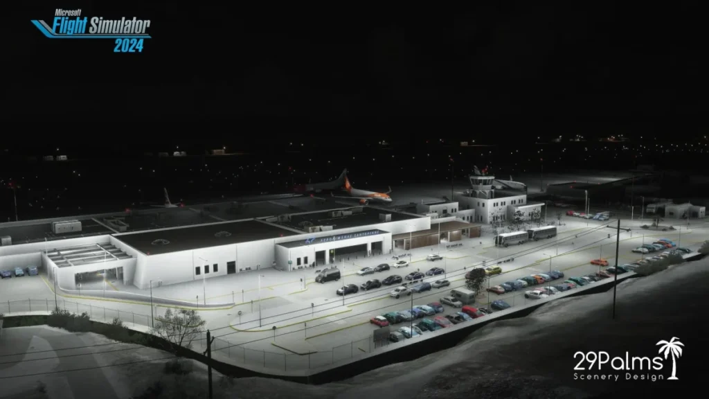 Iluminação noturna do terminal de Santorini no MSFS 2024
