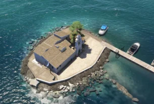 Mosteiro de Vlacherna e litoral de Corfu no cenário Gaya LGKR para MSFS 2024