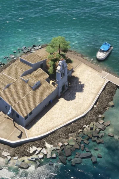 Mosteiro de Vlacherna e litoral de Corfu no cenário Gaya LGKR para MSFS 2024
