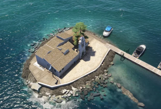 Mosteiro de Vlacherna e litoral de Corfu no cenário Gaya LGKR para MSFS 2024