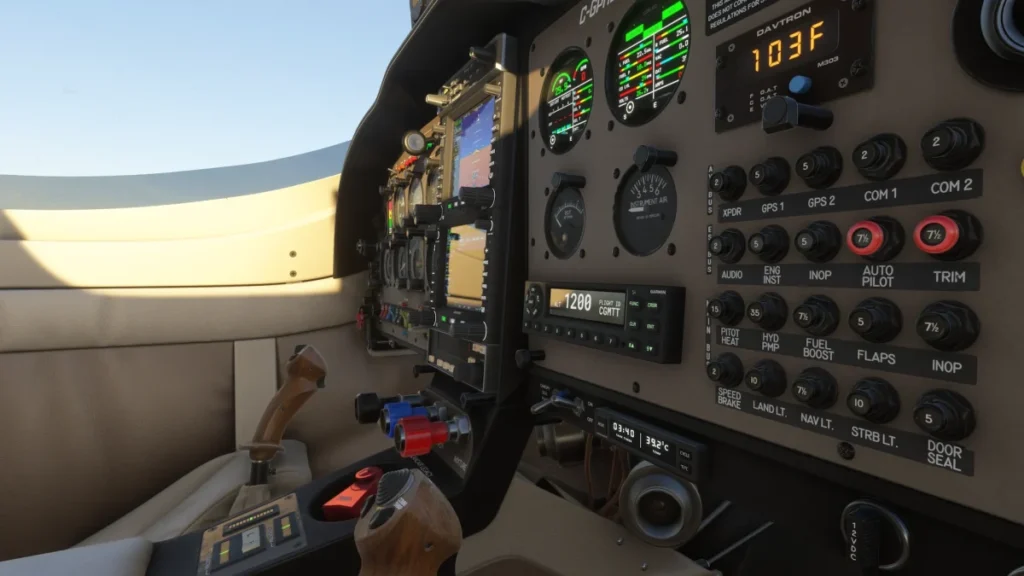 Detalhe lateral do painel analógico do Lancair Legacy no MSFS