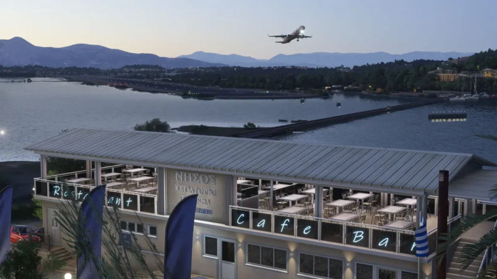 Área costeira de Kanoni com avião ao fundo no cenário Corfu da Gaya para MSFS 2024