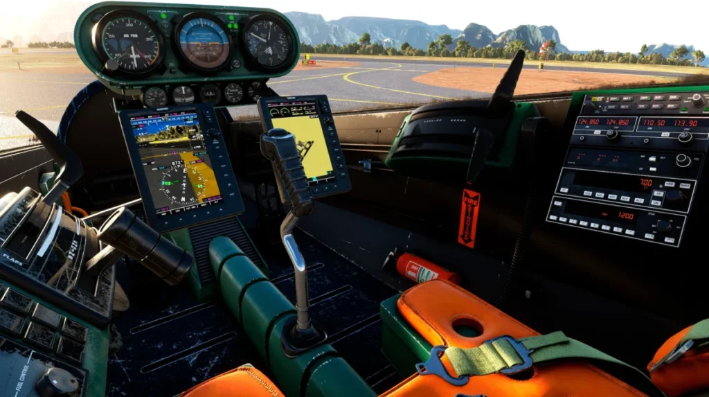 Visão ampla do cockpit do FanRacer no Microsoft Flight Simulator