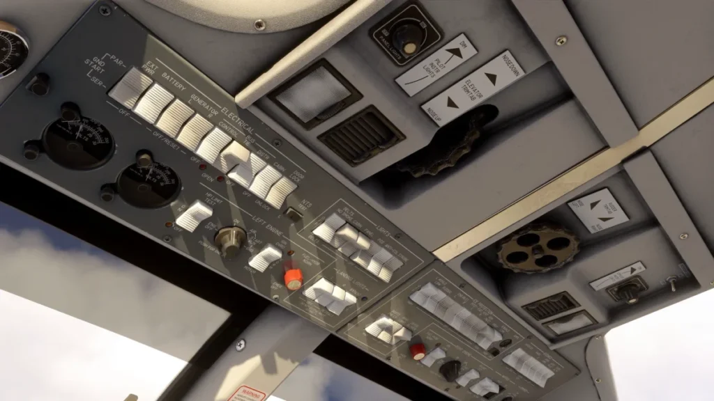 Painel superior do cockpit do Twin Commander