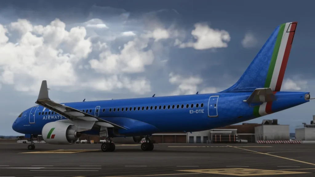 Synaptic A220 visto de lado no pátio do Microsoft Flight Simulator