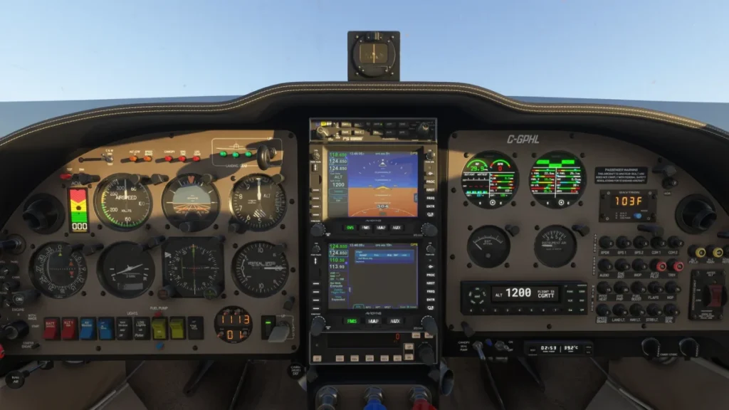 Visão frontal do painel analógico do Lancair Legacy no MSFS