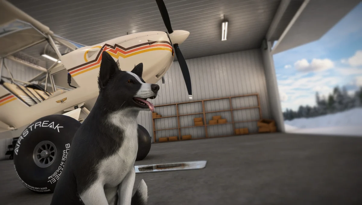 Cão ao lado de aeronave em hangar no Man’s Best Friend Deluxe