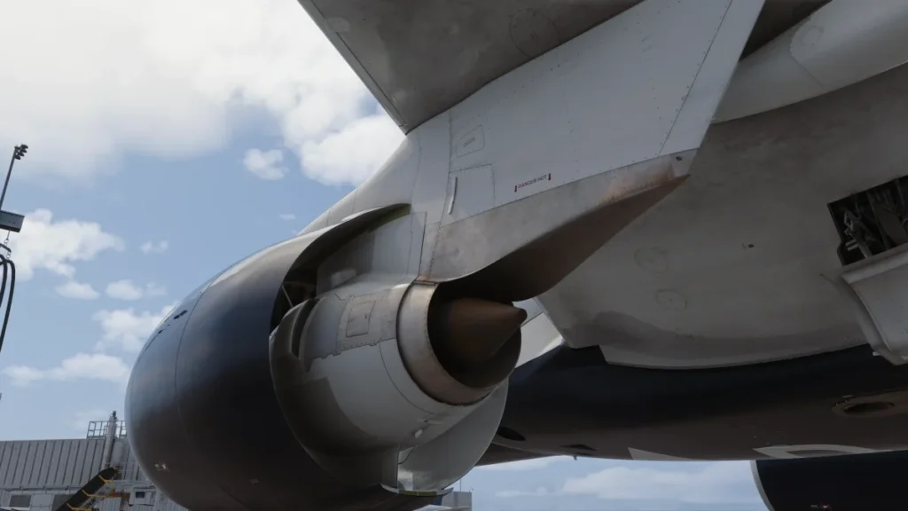 Detalhe do motor e da asa do Synaptic A220 no Microsoft Flight Simulator