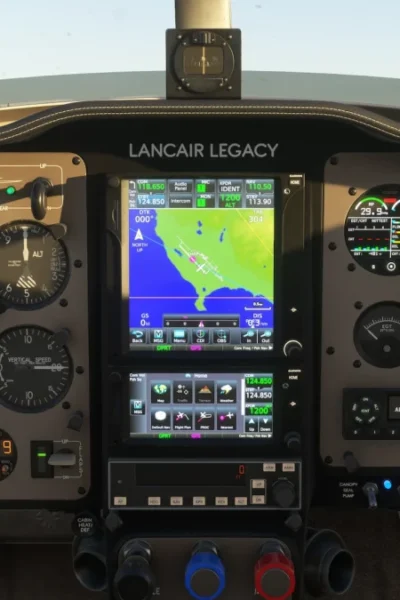 Lancair Legacy da Flysimware com aviônicos Avidyne no painel analógico