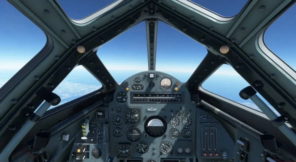 Visão interna do cockpit do Bristol 188 em voo no MSFS 2024