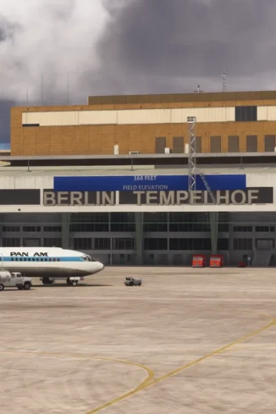 Terminal histórico de Berlin Tempelhof com aeronaves de época no Microsoft Flight Simulator