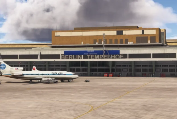 Terminal histórico de Berlin Tempelhof com aeronaves de época no Microsoft Flight Simulator