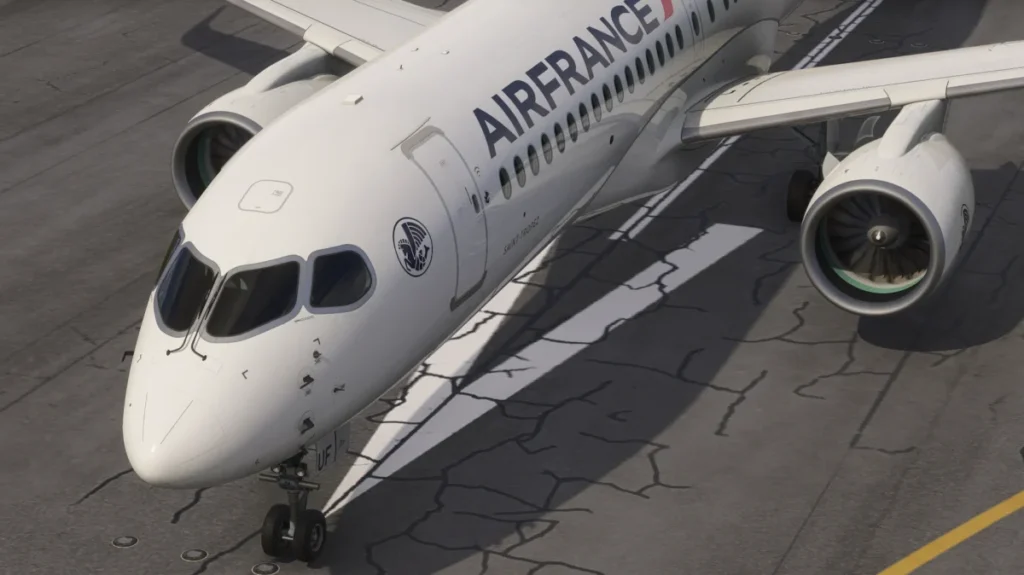 Synaptic A220 com pintura Air France no solo no Microsoft Flight Simulator