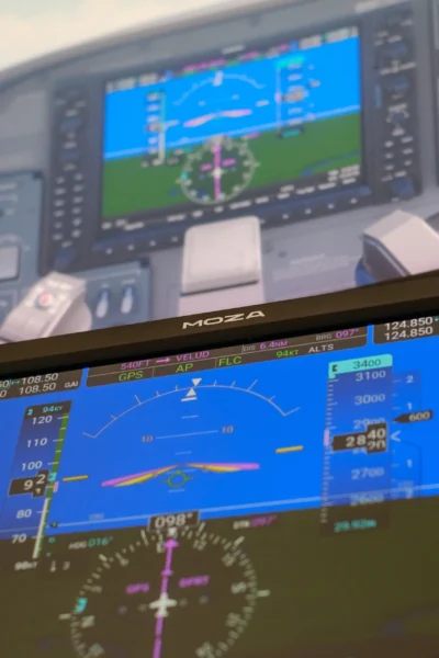 Painel MOZA MGX1000 diante do cockpit virtual no Microsoft Flight Simulator 2024
